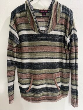 Rock & Roll Cowgirl Olive, Black & Cream Striped V-Neck Hoodie Sweater